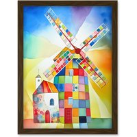 Artery8 Abstract Patchwork Windmill Old Amsterdam Folk Art Artwork Framed Wall Art Print A4 in Brown