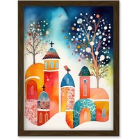 Artery8 Winter Churchyard Snowfall Trees Folk Art Artwork Framed Wall Art Print A4 in Brown