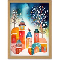 Artery8 Winter Churchyard Snowfall Trees Folk Art Artwork Framed Wall Art Print A4 in Light Oak