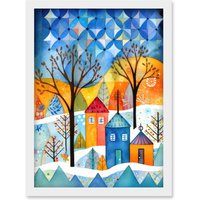 Artery8 Abstract Winter Snowfall Folk Art Artwork Framed Wall Art Print A4 in White