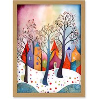 Artery8 Winter Whimsy Forest Village Folk Art Artwork Framed Wall Art Print A4 in Light Oak