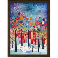 Artery8 Winter Abstract Village Folk Art Artwork Framed Wall Art Print A4 in Brown