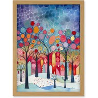 Artery8 Winter Abstract Village Folk Art Artwork Framed Wall Art Print A4 in Light Oak
