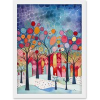 Artery8 Winter Abstract Village Folk Art Artwork Framed Wall Art Print A4 in White
