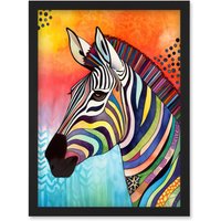 Artery8 Zebra Folk Art Bright Multicoloured Artwork Framed Wall Art Print A4 in Black