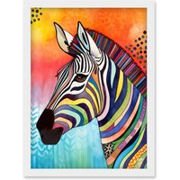Artery8 Zebra Folk Art Bright Multicoloured Artwork Framed Wall Art Print A4 in White