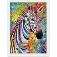 Artery8 Folk Art Zebra Colourful Flower Boho Artwork Framed Wall Art Print A4 in White