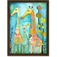 Artery8 Folk Art Giraffes Fun Cute Kids Bedroom Painting Artwork Framed Wall Art Print A4 in Brown