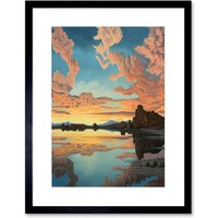 Artery8 Wall Art Print Atmospheric Cloud Reflections Early Morning Dawn at Mono Lake Modern Watercolour Painting Artwork Framed 9X7 Inch