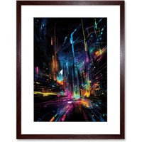 Artery8 Wall Art Print New York City at Night Modern Abstract Neon Contrast Painting Artwork Framed 9X7 Inch in Brown | Size: W7" x H9"