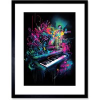 Artery8 Wall Art Print Melodic Explosion Piano Bursting in Vibrant Colours Modern Acrylic Paint Painting Artwork Framed 9X7 Inch | Size: W7" x H9"
