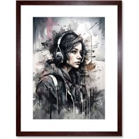 Artery8 Wall Art Print Teenager in Black Hoodie Listening to Music through Headphones Modern Watercolour Painting Artwork Framed 9X7 Inch