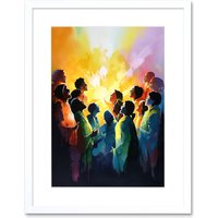 Artery8 Wall Art Print Choir Women Singing by Bonfire Modern Rainbow Colour Watercolour Painting Artwork Framed 9X7 Inch in White | Size: W7" x H9"