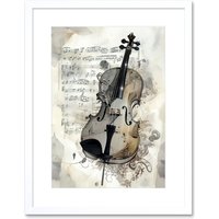 Artery8 Wall Art Print Violin Instrument & Sheet Music Modern Monochrome Watercolour Artwork Framed 9X7 Inch in White | Size: W7" x H9"