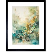 Artery8 Wall Art Print Wild Plant Flora in Teal Blue & Orange Modern Watercolour Painting Artwork Framed 9X7 Inch in Black | Size: W7" x H9"
