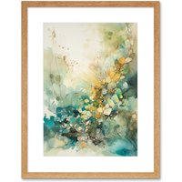 Artery8 Wall Art Print Wild Plant Flora in Teal Blue & Orange Modern Watercolour Painting Artwork Framed 9X7 Inch in Beige | Size: W7" x H9"