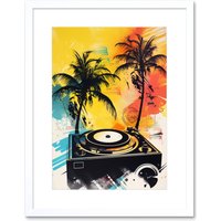 Artery8 Wall Art Print Music Under Palm Trees Tropical Beach Party Modern Watercolour Painting Artwork Framed 9X7 Inch in White | Size: W7" x H9"