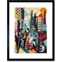 Artery8 Wall Art Print Jazz Musicians Playing on an Urban Landscape Rooftop Abstract Modern Watercolour Artwork Framed 9X7 Inch | Size: W7" x H9"