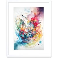 Artery8 Wall Art Abstract Multicolour Splatter Paint Watercolour Framed 9X7" in White | Size: W7" x H9"