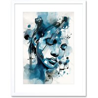 Artery8 Wall Art Print Melody Muse a Musician's Vision in Midnight Blue Modern Watercolour Painting Artwork Framed 9X7 Inch in White | Size: W7" x H9"