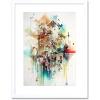 Artery8 Wall Art Print Abstract Geometric Fractal Shapes Modern Watercolour Painting Artwork Framed 9X7 Inch in White | Size: W7" x H9"
