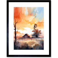Artery8 Wall Art Print Sunrise Clouds over Countryside Farmhouse Cabin with Old Windmill Tower Modern Watercolour Painting Artwork Framed 9X7 Inch
