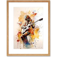Artery8 Wall Art Print Guitarist Musician Playing Solo on Electric Guitar Modern Watercolour Artwork Framed 9X7 Inch in Beige | Size: W7" x H9"