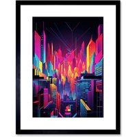 Artery8 Wall Art Print Neon Light Colour Abstract Metropolis Cityscape at Night Modern Artwork Framed 9X7 Inch in Black | Size: W7" x H9"