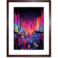 Artery8 Wall Art Print Neon Light Colour Abstract Metropolis Cityscape at Night Modern Artwork Framed 9X7 Inch in Brown | Size: W7" x H9"