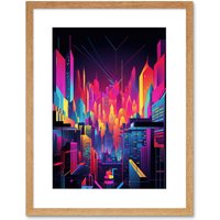 Artery8 Wall Art Print Neon Light Colour Abstract Metropolis Cityscape at Night Modern Artwork Framed 9X7 Inch in Beige | Size: W7" x H9"