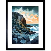 Artery8 Wall Art Print Giant's Causeway Northern Ireland Basalt Formations & Polygonal Clouds Modern Watercolour Painting Artwork Framed 9X7 Inch