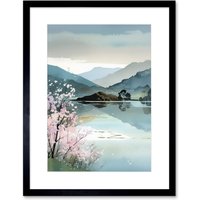 Artery8 Wall Art Print Lakeside Landscape with Cherry Blossom Tree Modern Watercolour Painting Artwork Framed 9X7 Inch in Black | Size: W7" x H9"