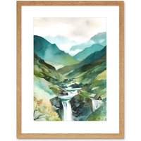 Artery8 Wall Art Print River Cascades Waterfall in Misty Landscape Modern Watercolour Painting Artwork Framed 9X7 Inch in Beige | Size: W7" x H9"