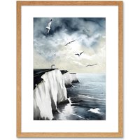 Artery8 Wall Art Print Seagulls Flying Over the White Cliffs of Dover in England Modern Linocut Artwork Framed 9X7 Inch in Beige | Size: W7" x H9"
