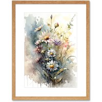 Artery8 Wall Art Print Wild Flower Daisies in Bloom Modern Boho Watercolour Painting Artwork Framed 9X7 Inch in Beige | Size: W7" x H9"