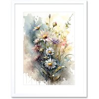 Artery8 Wall Art Print Wild Flower Daisies in Bloom Modern Boho Watercolour Painting Artwork Framed 9X7 Inch in White | Size: W7" x H9"