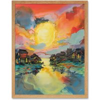 Artery8 Wall Art Print Atmospheric Clouds Over Mono Lake Fishing Village at Dawn Modern Watercolour Painting Art Framed | Size: W12" x H16"