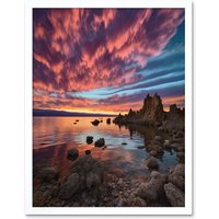 Artery8 Wall Art Print Atmospheric Sunset Clouds Over Mono Lake Lakeside Landscape Modern Watercolour Painting Art Framed in White | Size: W12" x H16"