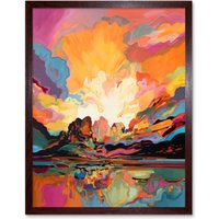 Artery8 Wall Art Print Atmospheric Sunset Clouds Vibrant Colour Lakescape Modern Watercolour Painting Art Framed in Brown | Size: W12" x H16"