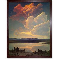 Artery8 Wall Art Print Vintage Style Atmospheric Cloud Reflections in Lake Modern Watercolour Painting Art Framed in Brown | Size: W12" x H16"