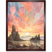 Artery8 Wall Art Print Mono Lake Atmospheric Clouds at Dawn Break Modern Watercolour Painting Art Framed in Brown | Size: W12" x H16"