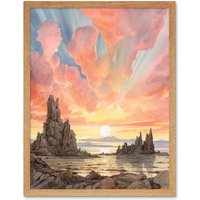 Artery8 Wall Art Print Mono Lake Atmospheric Clouds at Dawn Break Modern Watercolour Painting Art Framed in Light Oak | Size: W12" x H16"