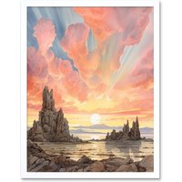 Artery8 Wall Art Print Mono Lake Atmospheric Clouds at Dawn Break Modern Watercolour Painting Art Framed in White | Size: W12" x H16"