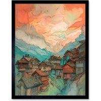 Artery8 Wall Art Print Pink Dawn Atmospheric Clouds Over Small Mountain Village in the Alps Modern Watercolour Painting Art Framed