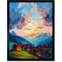 Artery8 Wall Art Print Atmospheric Clouds at Dawn Over Small Village Houses in the Alps Modern Watercolour Painting Art Framed | Size: W12" x H16"
