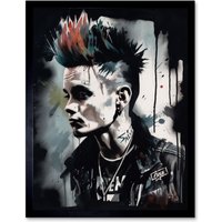 Artery8 Wall Art Print Punk Rock Music Fashion Young Man with a Mohawk Modern Watercolour Painting Art Framed in Black | Size: W12" x H16"