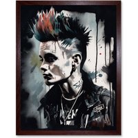 Artery8 Wall Art Print Punk Rock Music Fashion Young Man with a Mohawk Modern Watercolour Painting Art Framed in Brown | Size: W12" x H16"