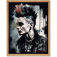 Artery8 Wall Art Print Punk Rock Music Fashion Young Man with a Mohawk Modern Watercolour Painting Art Framed in Light Oak | Size: W12" x H16"
