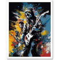 Artery8 Wall Art Print Music Band on Stage Playing at Festival Modern Acrylic Painting Art Framed in White | Size: W12" x H16"