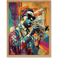Artery8 Wall Art Print Trumpet Player Jazz Musician with Sunglasses Modern Colour Linocut Art Framed in Light Oak | Size: W12" x H16"